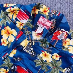 RJC Mens M Hawaiian Shirt Blue Hot Rod Classic Car Hibiscus Made in USA Vacation
